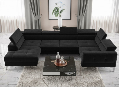 Modern luxury automatic corner sofa, fabric U-shape couch, textile black, elegant, new